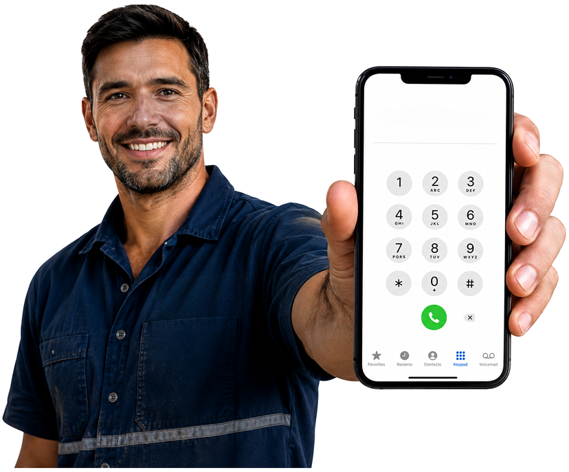 Gladesville Blocked Drains plumber holding a phone — call 1300 261 965
