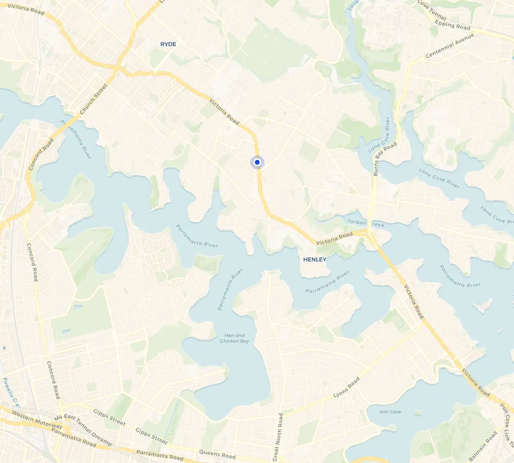 Map of the Gladesville service area and the surrounding Lower North Shore, showing Gladesville and the nearby streets we cover.