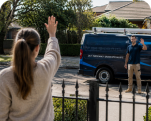 Customer waving goodbye to a Gladesville Blocked Drains plumber